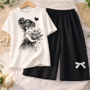 Cute Printed Girls Co-Ord Set – White Top & Black Wide Pants