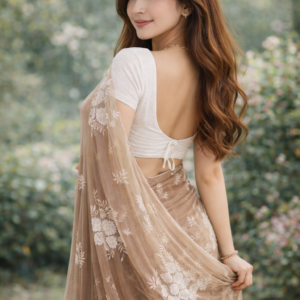 Premium Champagne Brown Embroidered Saree with White Blouse Piece | Party & Wedding Wear