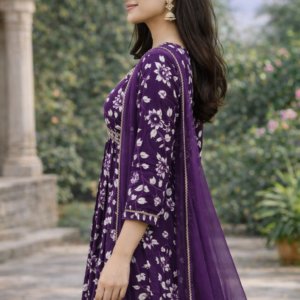 Elegant Purple Rayon Floral Embroidered Kurta Set with Dupatta & Pants for Women (3 Piece Set)