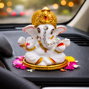 Premium White Ganesh Idol for Car Dashboard | Decorative Ganpati Murti with Golden Crown & Diamond Work