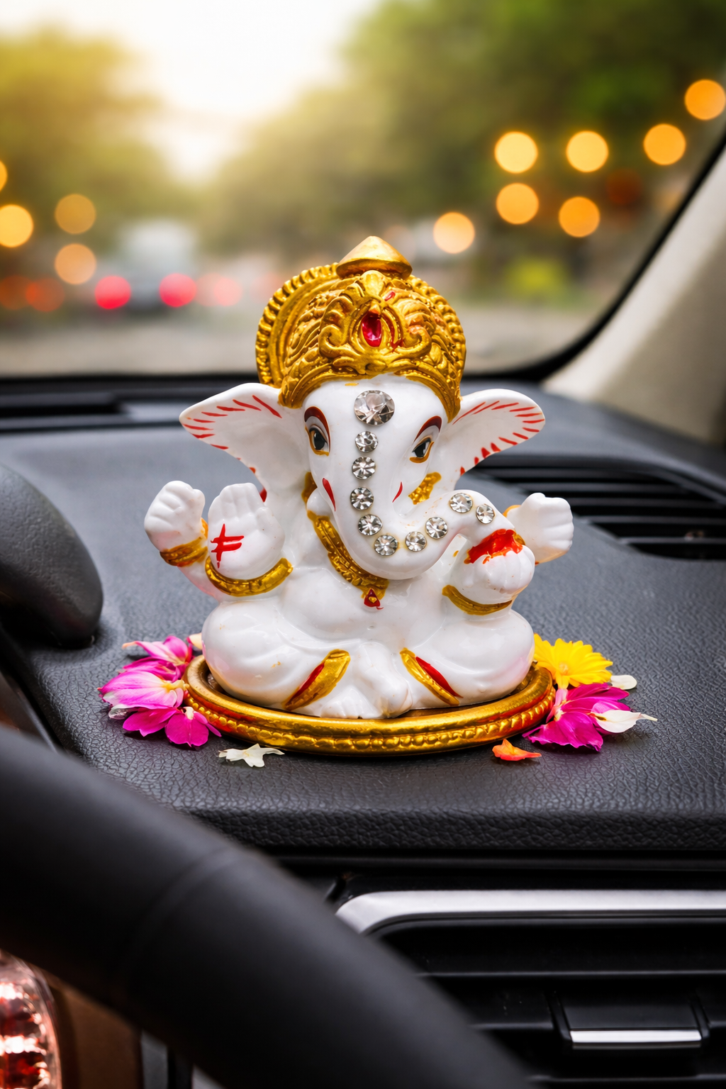 premium white ganesh idol for car dashboard | decorative ganpati murti with golden crown & diamond work premium white ganesh idol for car dashboard | decorative ganpati murti with golden crown & diamond work