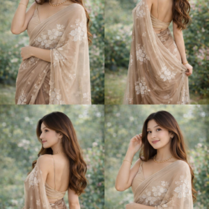 Premium Champagne Brown Embroidered Saree with White Blouse Piece | Party & Wedding Wear