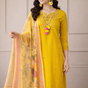 Chitrarekha Pretty Women Kurta Set – Embroidered Cotton & Silk – Yellow – Daily Wear