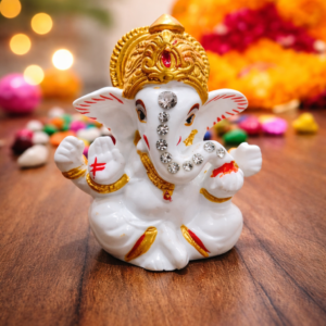 Premium White Ganesh Idol for Car Dashboard | Decorative Ganpati Murti with Golden Crown & Diamond Work