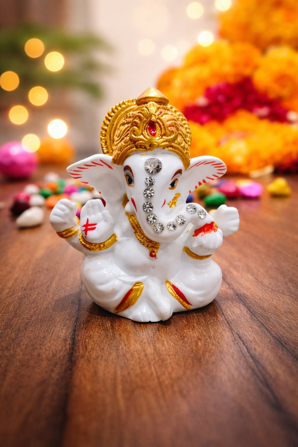 premium white ganesh idol for car dashboard | decorative ganpati murti with golden crown & diamond work premium white ganesh idol for car dashboard | decorative ganpati murti with golden crown & diamond work