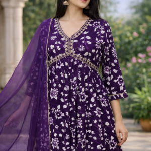 Elegant Purple Rayon Floral Embroidered Kurta Set with Dupatta & Pants for Women (3 Piece Set)